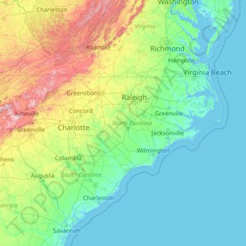 Mapa topográfico Carolina del Norte, altitud, relieve