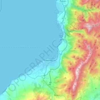 Mapa topográfico İskenderun, altitud, relieve