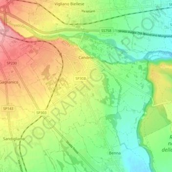 Mapa topográfico Candelo, altitud, relieve