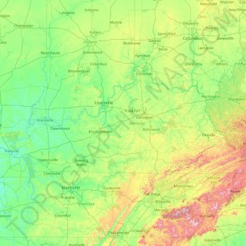 Mapa topográfico Kentucky, altitud, relieve