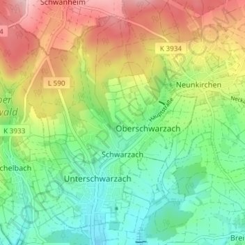 Mapa topográfico Schwarzach, altitud, relieve