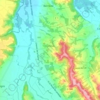 Mapa topográfico Lannux, altitud, relieve