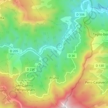 Mapa topográfico Pruno, altitud, relieve