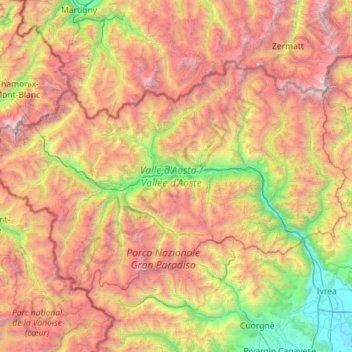 Mapa topográfico Valle d'Aosta, altitud, relieve