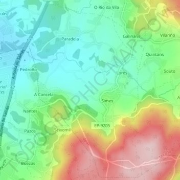 Mapa topográfico Lores, altitud, relieve