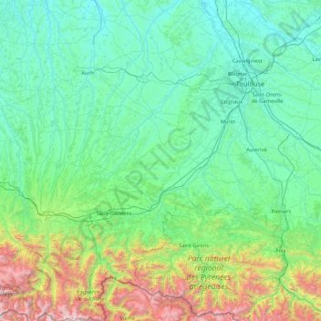Mapa topográfico Alto-Garona, altitud, relieve