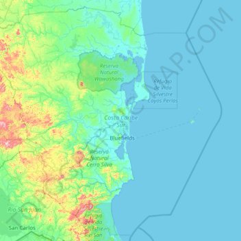 Mapa topográfico Costa Caribe Sur, altitud, relieve