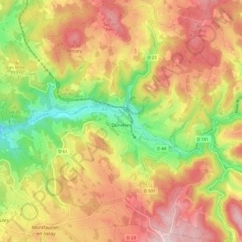 Mapa topográfico Dunières, altitud, relieve