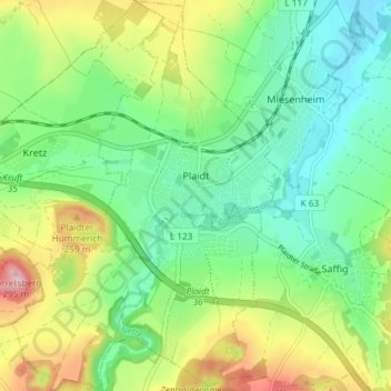 Mapa topográfico Plaidt, altitud, relieve