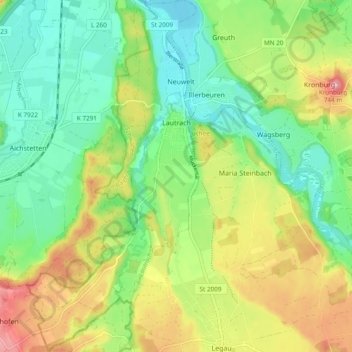 Mapa topográfico Lautrach, altitud, relieve