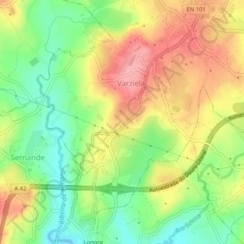 Mapa topográfico Varziela, altitud, relieve