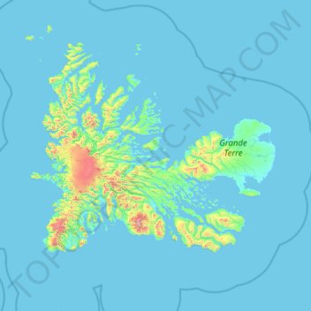 Mapa topográfico Îles Kerguelen, altitud, relieve
