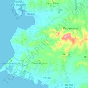 Mapa topográfico Pedernales, altitud, relieve