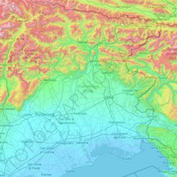 Mapa topográfico Friuli-Venezia Giulia, altitud, relieve