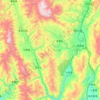 Mapa topográfico 剑川县, altitud, relieve