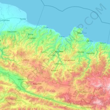 Mapa topográfico Ordu, altitud, relieve