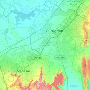 Mapa topográfico Gurgaon, altitud, relieve