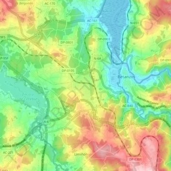Mapa topográfico Betanzos, altitud, relieve