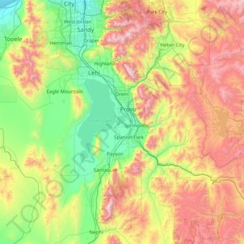 Mapa topográfico Utah County, altitud, relieve