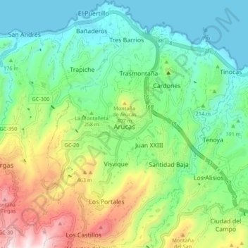 Mapa topográfico Arucas, altitud, relieve