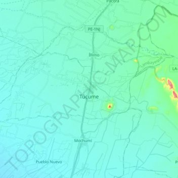 Mapa topográfico Túcume, altitud, relieve