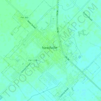 Mapa topográfico Needville, altitud, relieve