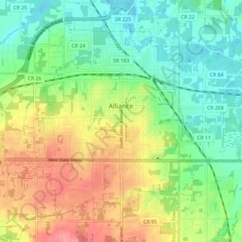 Mapa topográfico Alliance, altitud, relieve