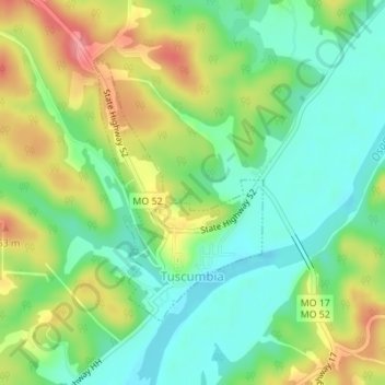 Mapa topográfico Tuscumbia, altitud, relieve