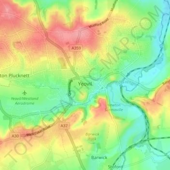 Mapa topográfico Yeovil, altitud, relieve