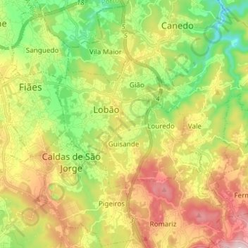 Mapa topográfico Lobão, Gião, Louredo e Guisande, altitud, relieve
