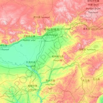 Mapa topográfico 呼和浩特市, altitud, relieve