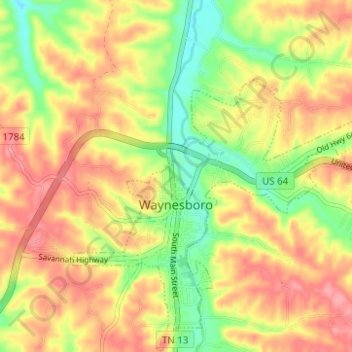 Mapa topográfico Waynesboro, altitud, relieve