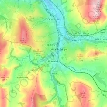 Mapa topográfico Whaley Bridge, altitud, relieve