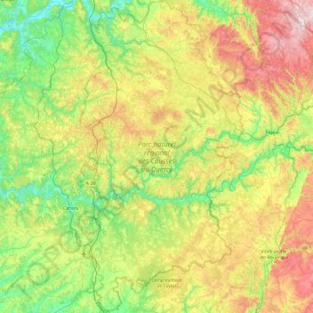 Mapa topográfico Parc naturel régional des Causses du Quercy, altitud, relieve