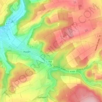 Mapa topográfico Husen, altitud, relieve
