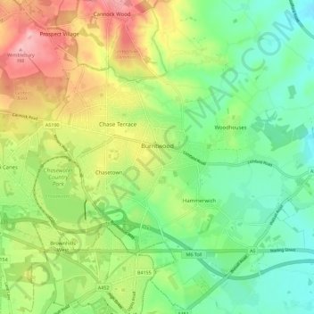Mapa topográfico Burntwood, altitud, relieve