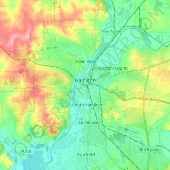 Mapa topográfico Hamilton, altitud, relieve