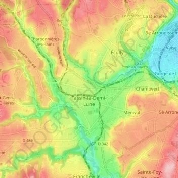 Mapa topográfico Tassin-la-Demi-Lune, altitud, relieve