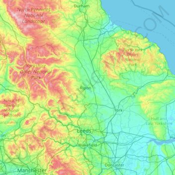 Mapa topográfico North Yorkshire, altitud, relieve