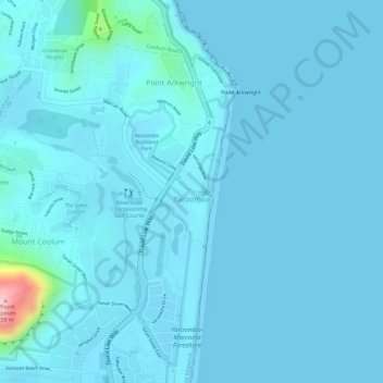 Mapa topográfico Yaroomba, altitud, relieve