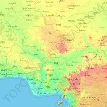 Mapa topográfico Nigeria, altitud, relieve