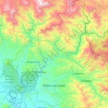 Mapa topográfico Padre Las Casas, altitud, relieve