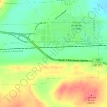 Mapa topográfico Sinclair, altitud, relieve