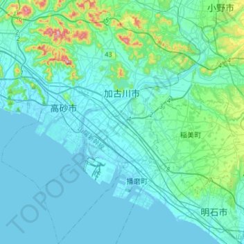 Mapa topográfico Kakogawa, altitud, relieve
