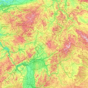 Mapa topográfico Hesse, altitud, relieve