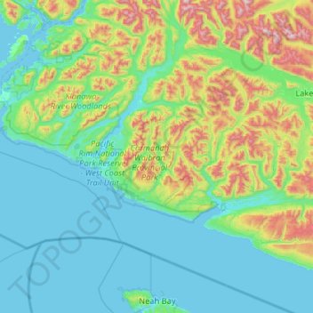 Mapa topográfico Area F (Cowichan Lake South / Skutz Falls), altitud, relieve