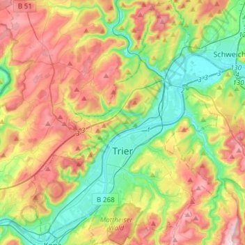 Mapa topográfico Trier, altitud, relieve