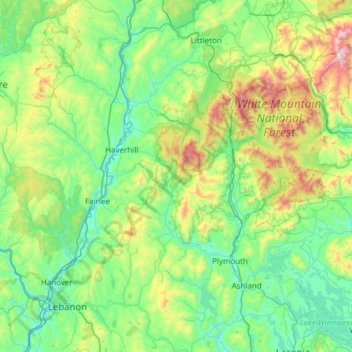 Mapa topográfico Grafton County, altitud, relieve