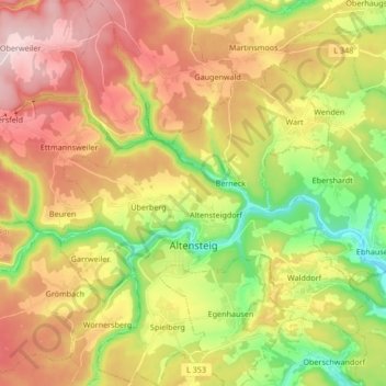 Mapa topográfico Altensteig, altitud, relieve