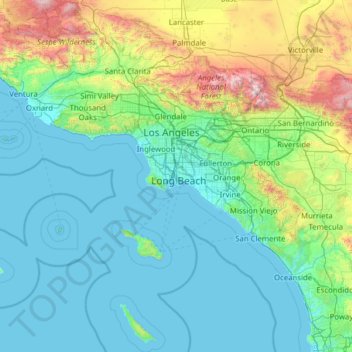 Mapa topográfico Los Angeles County, altitud, relieve